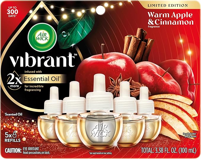Air Wick Vibrant Plug In Scented Oil Refill,Infused with Essential Oils,Plug In Air Fresheners for Home,Fall Scent,Fall Décor,Warm Apple & Cinnamon,5 ct,(Pack of 2)