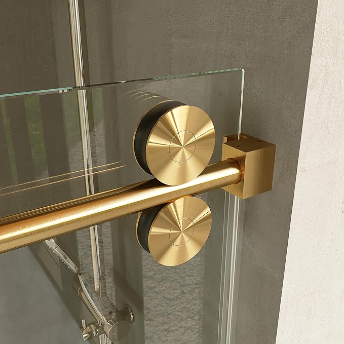 Frameless Bathtub Shower Door, 56"-60" Wide, 66" High, 3/8" (10mm) Clear Tempered Glass, Noiseless, Waterproof Bathroom Shower Door, Brushed Gold Finish