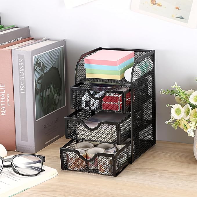 BTSKY Metal Mesh Battery Storage Organizer for AA, AAA, 9V, C Batteries, 3-Drawer Storage Box Battery Holder Organizer for Common Types Batteries, Household Container (Batteries Not Included)
