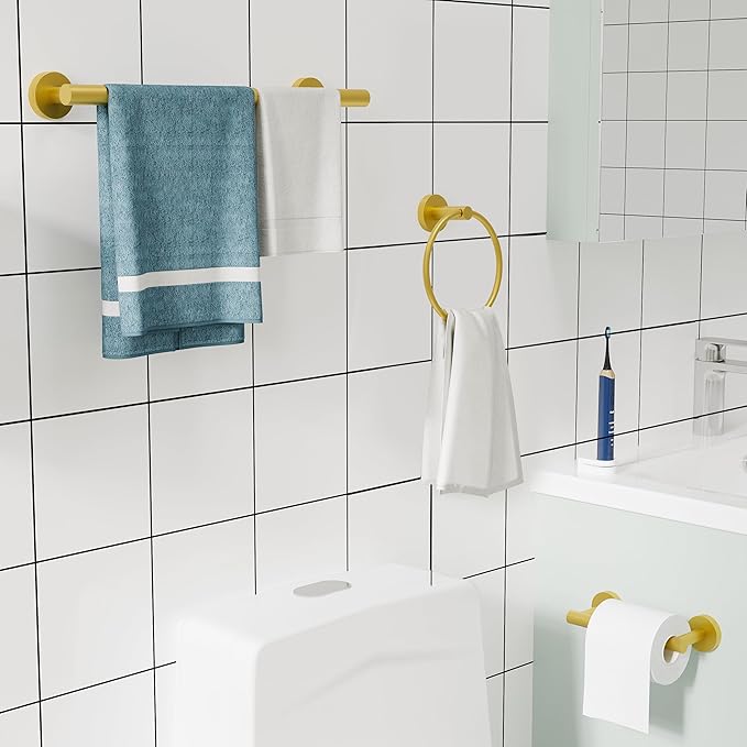 3pc Bathroom Hardware Set with Brushed Brass Toilet Paper Holder & Towel Ring & Towel Bar SUS304 Stainless Steel Toilet Paper Roll Holder Wall Mount & Bathroom Towel Holder & Towel Rack Set