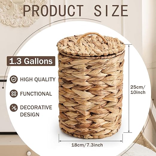 Ctosree 1.3 Gallons Small Trash Can with Lid Handle Boho Woven Braided Bathroom Waste Basket Trash Can with 100 Garbage Bags for Bedroom Office Laundry (Natural,Braided Wicker,Round)