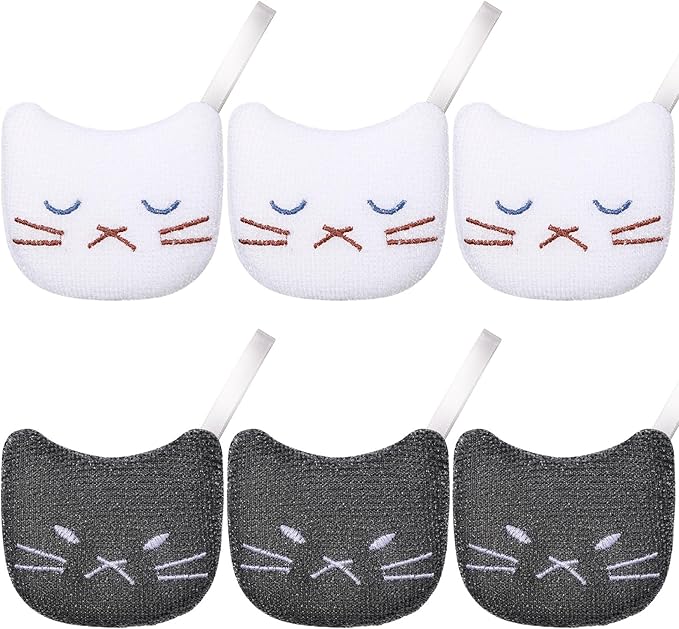 Honeydak 6 Pcs Reusable Cat Scrub Sponges Cat Dish Sponges for Kitchen Pet Shaped Hair Lifter Scrubbers Black White for Scrubbing Cleaning Dishwashing Kitchen Scrubbers for Washing Furniture