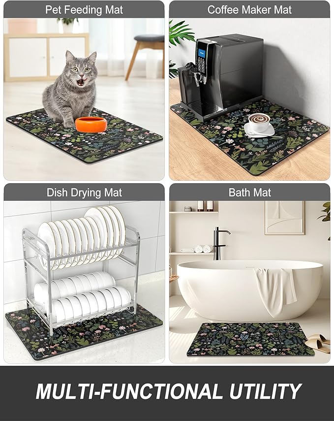 Rnivvi Dish Drying Mat for Kitchen Counter, 12 x 19" Cute Flower Theme Super Absorbent Draining Pad, Non-Slip Heat Resistant Coffee Bar Mat for Coffee Machine Station Accessories, Black Dish Rack Pad