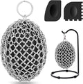 Cast Iron Scrubber & Scraper Set with Hook - Ergonomic 316 Chainmail Scrubber for Cast Iron Skillets, Dutch Oven, Baking Sheet, Crock Pot, Grills & More - Black Single Ring