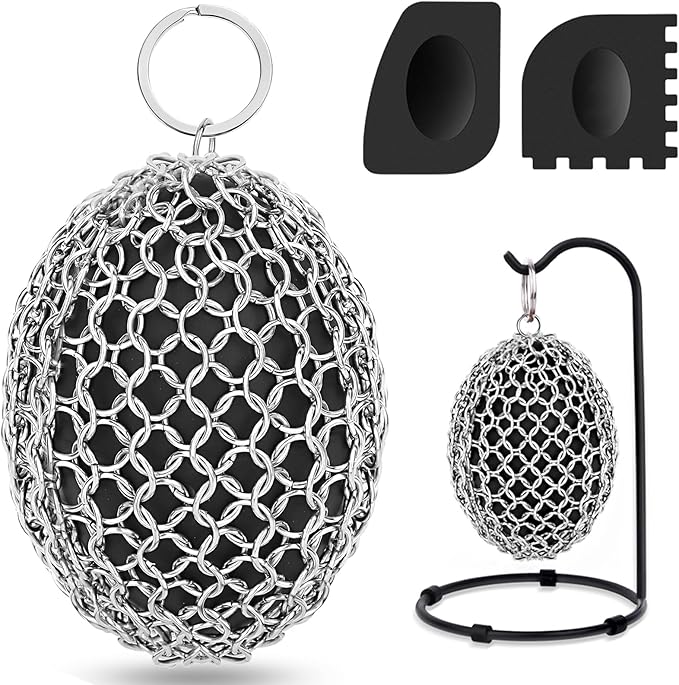 Cast Iron Scrubber & Scraper Set with Hook - Ergonomic 316 Chainmail Scrubber for Cast Iron Skillets, Dutch Oven, Baking Sheet, Crock Pot, Grills & More - Black Single Ring