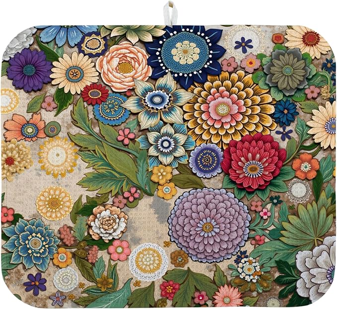 Dish Drying Mat for Kitchen Counter 16x18 Inch, Super Absorbent Dish Drainer Mat, Decorative Microfiber Dishes Drying Pad-Small(Luxurious flowers)