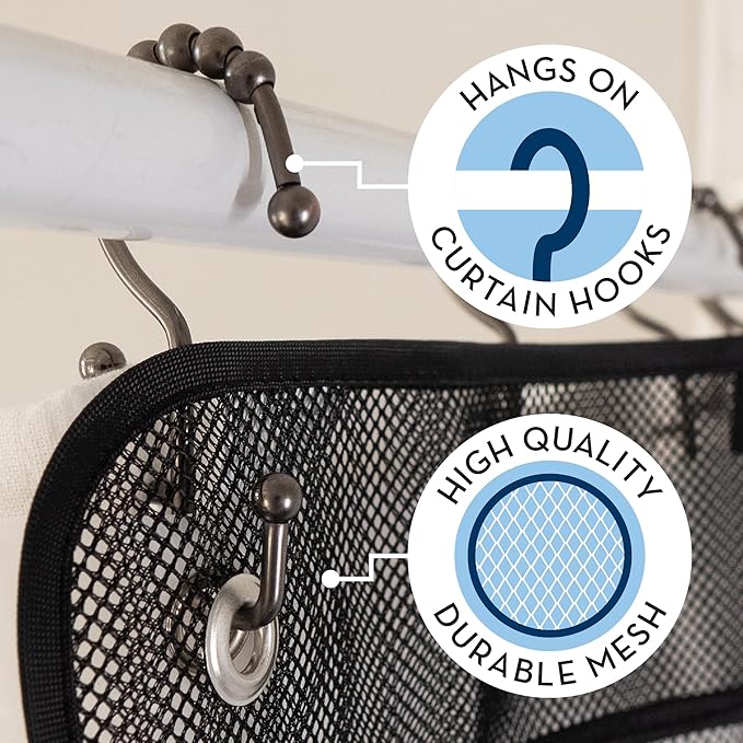 S&T INC. Shower Organizer, Shower Caddy or Bathroom Organizer with Quick Drying Mesh, 7 Pockets to Hold Shampoo, Soap, Loofah, and Cruise Ship Essentials, 14 Inch by 30 Inch, Black, 2 Pack