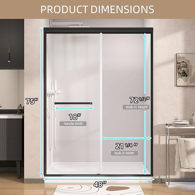 GETPRO Shower Door 44-48 in. W x 75 in. H Semi-Frameless Double Sliding Glass Shower Doors, Bypass Glass Door for Walk-in Shower with 5/16 inch Tempered Glass Matte Black Hardware