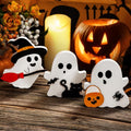 COCHIE Cute Ghost Halloween Decorations Indoor, Wooden Tiered Tray Decor Table Sign Set of 3, Black Cat Bat Witch Broom Signs Pumpkin Blocks for Party Home Shelf Display (A-Ghost)