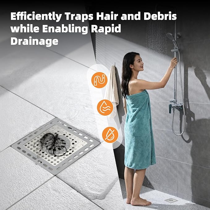 Hibbent Upgraded Shower Drain Hair Catcher for Bathroom Floor 4" Drain, Anti-Clogging Shower Drain Cover, Stainless Steel & Silicone Drain Strainer with Handle, Shower Drain Protector, Grey
