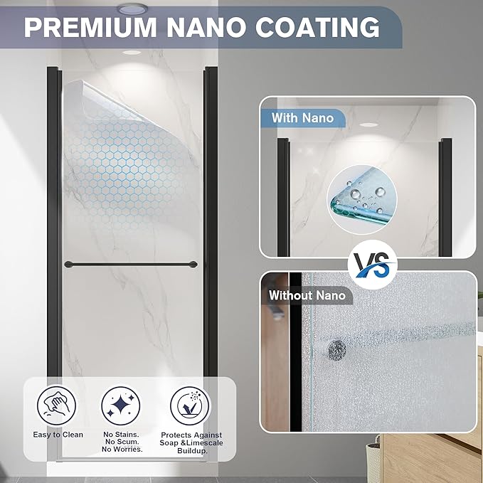 Frameless Pivot Shower Door 28"-30" W x 72" H, Swing Shower Glass Doors with Nano Explosion-Proof Film Tempered Glass 1/4"(6mm) Reversible Installtion, Matte Black Finish