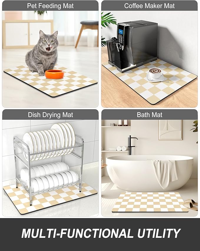 Rnivvi Dish Drying Mat for Kitchen Counter, 12 x 19" Cute Checkered Absorbent Draining Pad, Non-Slip Heat Resistant Coffee Bar Mats for Coffee Machine Station Accessories, Beige White Dish Rack Pad