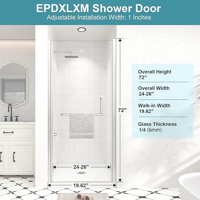 Frameless Pivot Shower Door 24"-26" Wx72 H,1/4"(6mm) Clear Nano Coated (SGCC) Tempered Glass,Reversible Swing Shower Door for Walk-in Shower,Modern Brushed Nickel Finish