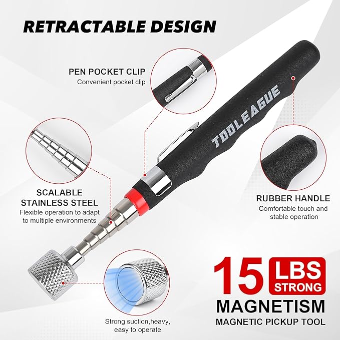 TOOLEAGUE 17" Rolling Magnetic Sweeper with Wheels,Telescoping Adjustable Handle,10Lb Capacity Magnet Roller,Magnetic Foldable Tray,15Lb Pickup Pen,3Pcs Magnet Sweeper Set