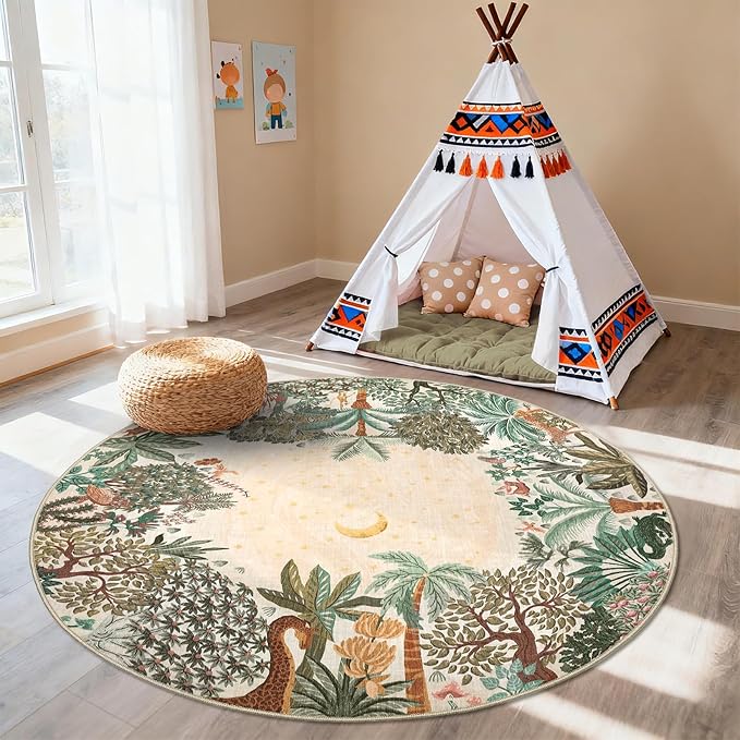 GarveeHome Round Area Rugs 4ft for Kids Room, Beige Jungle Washable Circle Rug Soft Non Slip Forest Animal Print Floor Mat Tiger Carpet Indoor Thin Tent Rug for Bedroom Dining Room Playroom Nursery