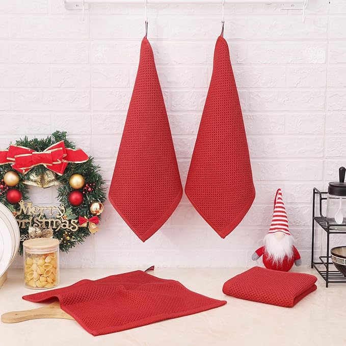 Kitinjoy 100% Cotton Waffle Weave Kitchen Hand Towels (13 X 28 Inches, Red), 8-Pack Super Soft and Absorbent Dish Towel for Drying Dishes