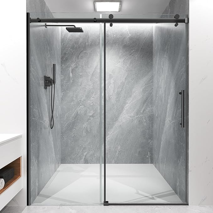 Shower Door Frameless 56-60'' W x 72'' H, Sliding Glass Door, 5/16 inch (8mm) Thickness Clear Tempered Glass for Walk-in Shower, Matte Black