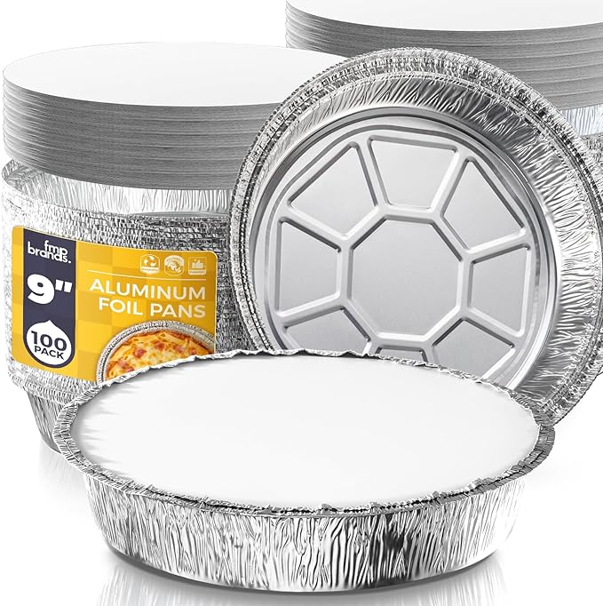 Fit Meal Prep 100 Pack 9” Round Aluminum Foil Pans with Lids, Pie Tins Disposable 9 inch with Lids, Take Out Containers, Freezer Oven Safe Aluminum Baking Pans for Storing, Cooking, Storage, Reheating