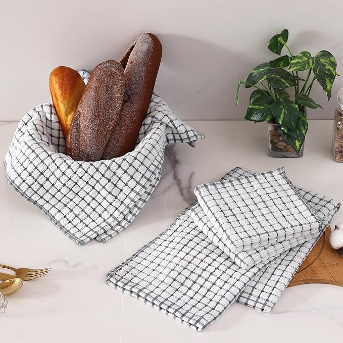 Homaxy Kitchen Towels and Dishcloths Set, 16 x 25 and 12 x 12 Inches, Set of 8 Cotton Terry Kitchen Dish Towels, Super Soft and Absorbent Dish Cloths, Grey