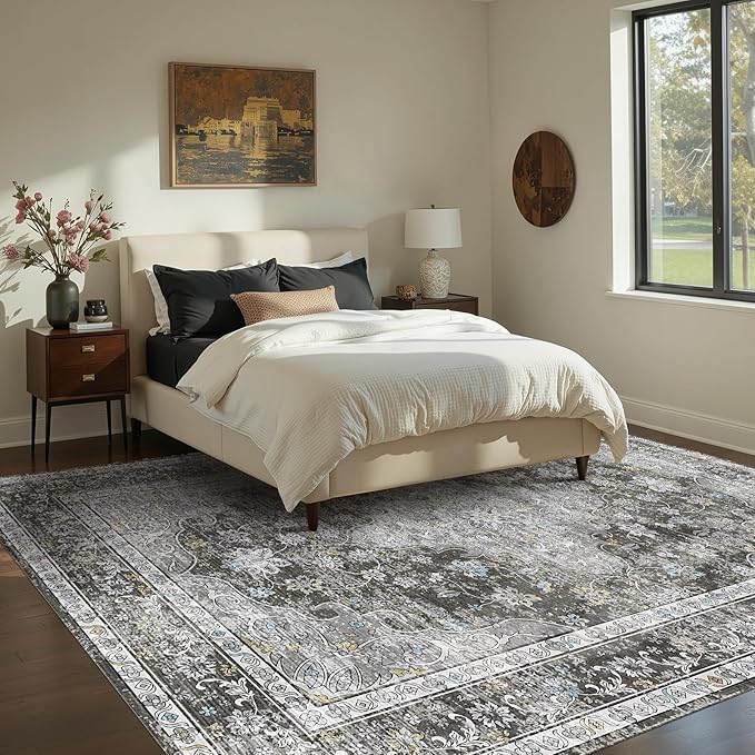Area Rugs 5x7, Washable Black Rugs for Living Room, Bedroom, Non Slip, Neutral Floral Vintage Indoor Rug for Farmhouse Nursery, Dining Room, Kid Room, Office, Dorm