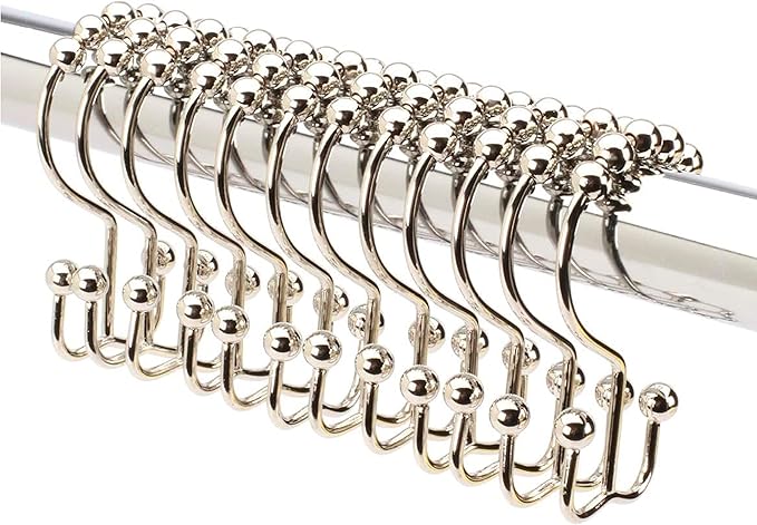 2LB Depot Double Shower Curtain Hooks Rings Polished Nickel Decor Finish Premium Rust-Resistant Stainless Steel Metal Hooks Roller Balls Glide on Shower Rods 12-Piece Set