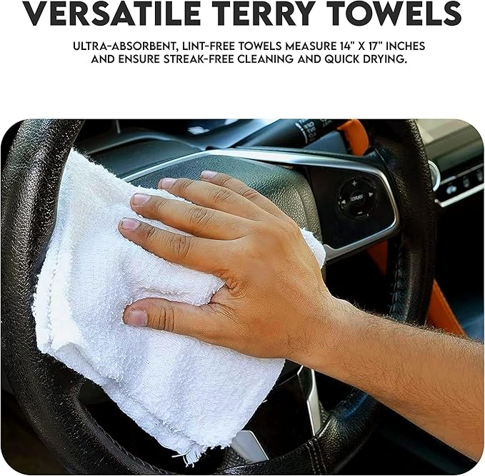 Terry Bar Mop Towels - 24 Pack (14"x17") White Cotton Terry Cloths, Super Absorbent Cleaning Rags, Reusable Bar Mop Towels for Kitchen, Garage, Salon, Spa & Commercial Use