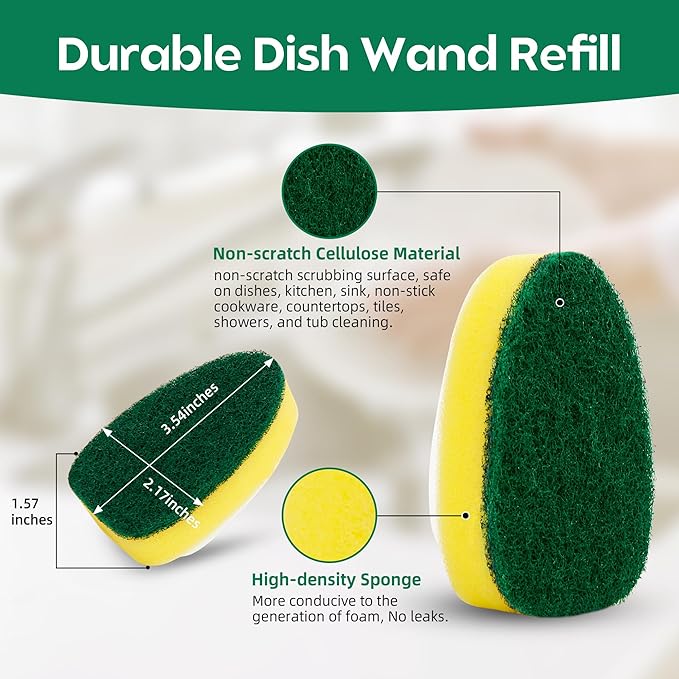 Dishwand Sponge Refills (12-Pack) – Heavy Duty Non-Scratch Replacement Heads for Dishwand Handle | Soap Dispensing Scrubber Pads | Kitchen Cleaning Supplies (Green/Blue)