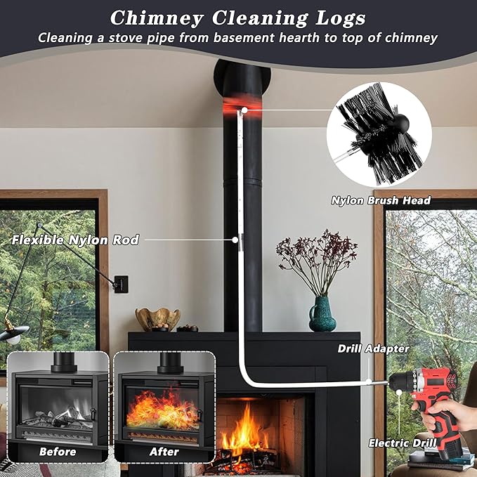 Chimney Sweep Kit Chimney Brush Kit Chimney Cleaning Kit, 16FT Dryer Vent Cleaner Kit Duct Cleaning Tools, Dryer Vent Cleaning Kit Fireplace Chimney Brushes-12pcs Flexible Rods, 2pcs 8in Chimney Brush