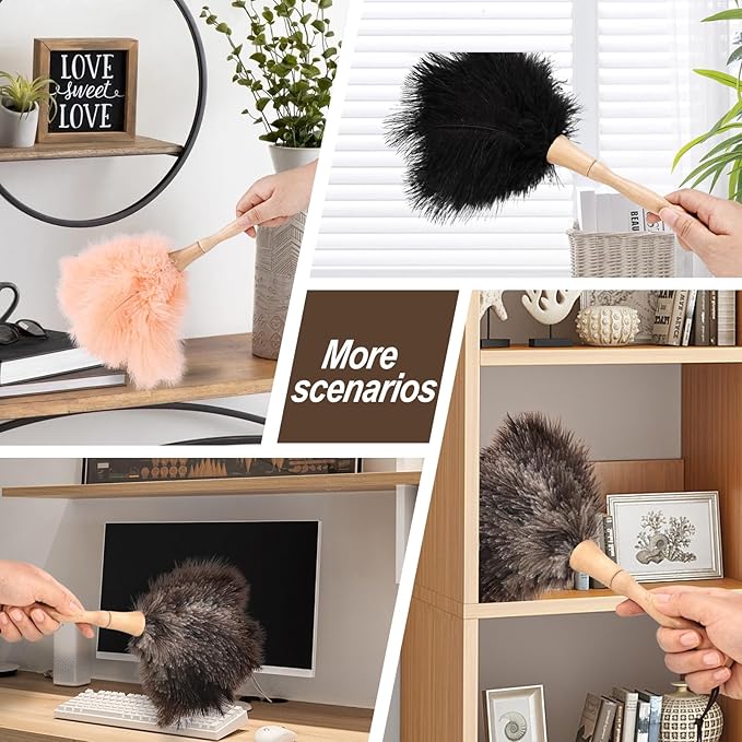 Ostrich Feather Duster 12 Inch Handheld Duster Supplies, Wooden Handle Feather Duster for Cleaning Keyboard Home Car Office (Black)