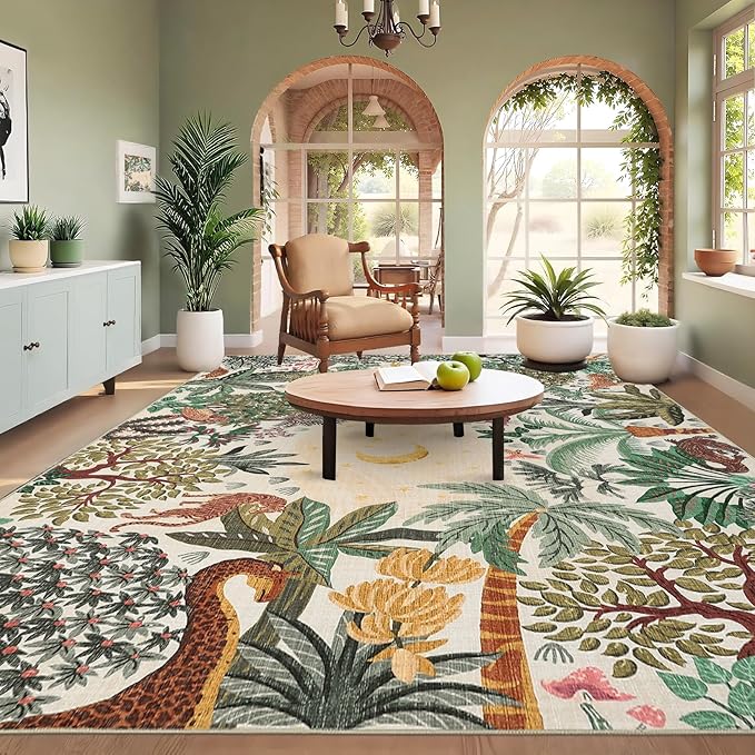 GarveeHome Large Area Rugs 9x12 for Living Room, Jungle Animal Washable Rug Soft Non Slip Backing Floor Mat Carpet Indoor Thin Accent Rug for Bedroom Dining Room Playroom Nursery Home Decor