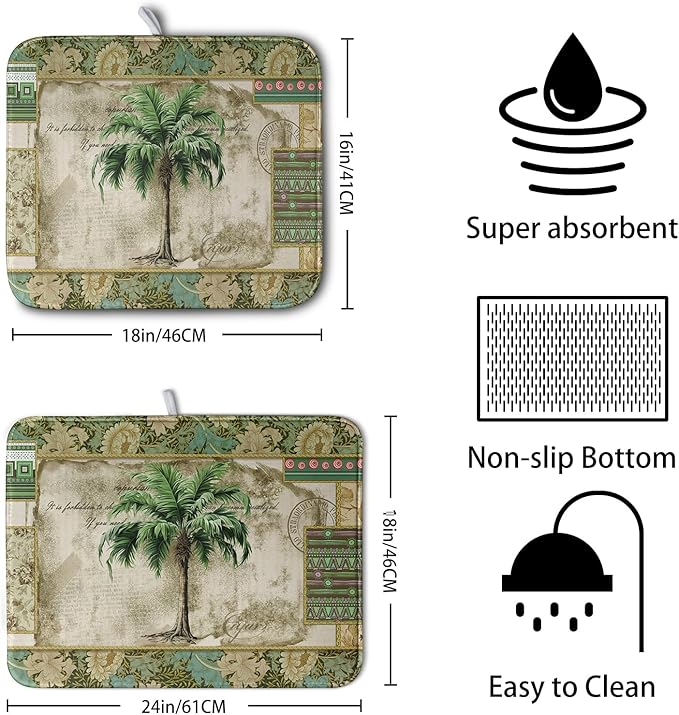 Palm Tree Kitchen Dish Drying Mat for Dishes 18x24 Inch Summer Vintage Tropical Leaves Green Jungle Plant Drying Mat Botanical Dish Drainer Mat Super Absorbent Dish Rack Pad for Coffee Bar Sinks