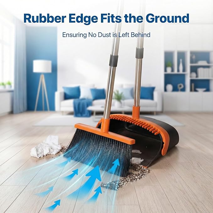 Broom and Dustpan Set for Home, 51.8" Long Handle Standing Dustpan with Self-Cleaning Teeth, Upright Sweeping Combo for Kitchen Office Pet Hair, Orange