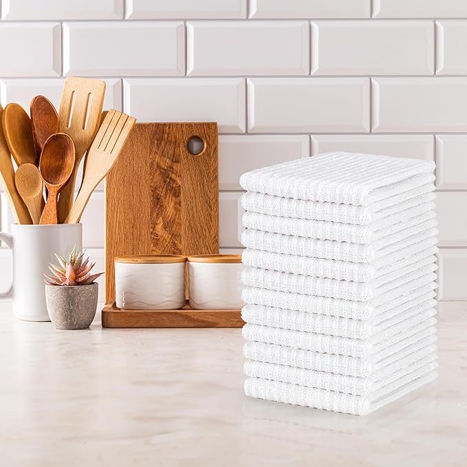 DecorRack 12 Pack 100% Cotton Kitchen Towels for Cleaning, 12 x 12 inch, Ultra Absorbent Bar Mops, Heavy Duty, Quick Dry, Machine Washable Dish Towels, Multi-Purpose Cleaning Supplies, White (12 Pack)