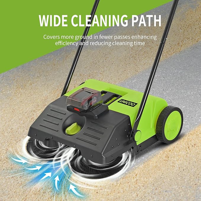 UNICOO® Electric Hand Push Floor Sweeper – Battery Powered Walk-Behind Sweeper with Dual Brush Rollers, 23" Sweeping Width & 6.6 Gallon Waste Bin – Indoor/Outdoor Push Sweeper (Green)