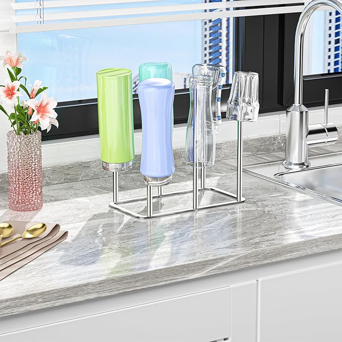 Water Bottle Drying Rack Reusable Bottle Rack Dryer Kitchen Stand Holder Metal Countertop Baby Bottle Drying Rack Water Cup Drying Rack for Plastic Bags, Bottles and Cups (Sliver, Large)