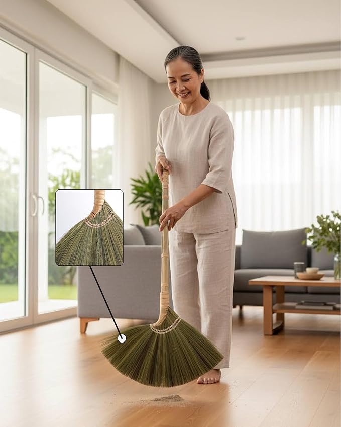 Deluxe Vietnamese Natural Straw Broom /45" Handmade Soft Grass Sweeping Broom for Indoor & Outdoor/Beauty of Nature Collection