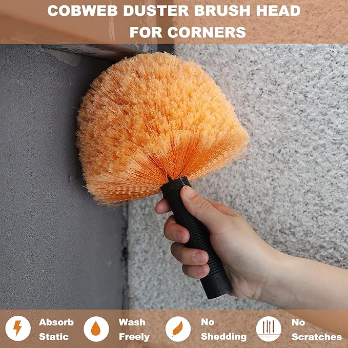 2 Pack Tockrop Twist-On Cobweb Duster Head Brush – High Efficiency Spider Web Brush with Universal Joint for Outdoor & Indoor Corner Web Cleaning – Fits Standard Acme Threaded Poles – Brush Head Only