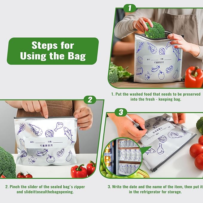 Reusable Aluminum Foil Food Storage Bags with Writable Label, Stand-up Leakproof Ziplock Freezer Bags for Refrigerator, BPA-Free Durable Food Pouch (50-Pack, 6.7Wx8.8H)