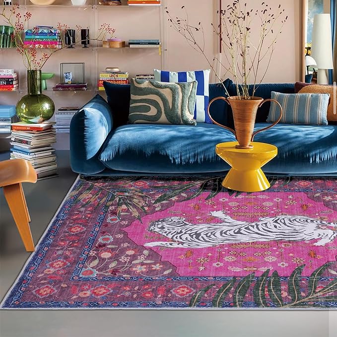 5x7 FT Leopard Rug for Living Room Hot Pink Leopard Vintage Animal Rug Aesthetic Pink Rugs for Girls Room Nursery Bedroom Home Office Dorm Thin Bright Magenta Carpet (Hot Pink, 5X7 FT)