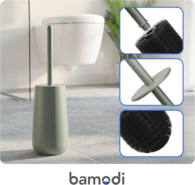Bamodi Toilet Brush and Holder Set - Dense PP Brush Head with Holder - Efficient Stain and Odour Removal - Modern Design and Space-Saving - Keeps Toilet Bowl Spotless - 15x4x4 inches, Green