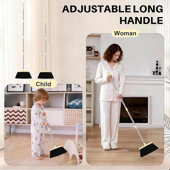 Broom with Dustpan Combo Set, 54-in Adjustable Handles Broom and Dustpan Set with Comb Teeth Easy to Scrape Off Pet Hair, Indoor&Outdoor Sweeping