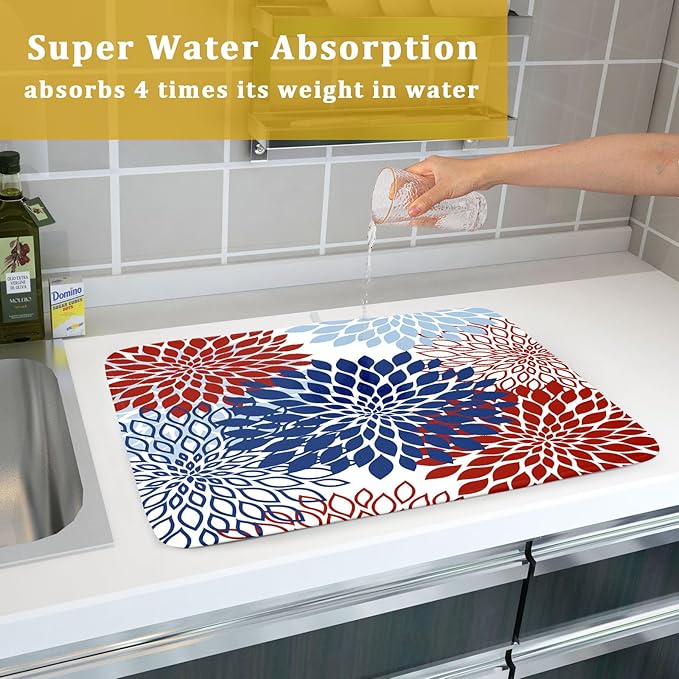 Khope 4th of July Dish Drying Mat for Kitchen Counter 18x24 Inch Patriotic Themed Navy Blue Red White Dahlia Floral Reusable Washable Modern Geometry Flower Drying Pad Countertop Home Decor