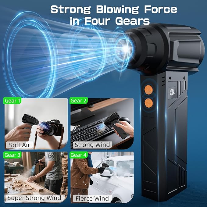 Compressed Air Duster with Flashlight,180000RPM Electric Air Duster,4-Gear with Display High-Speed Electric Duster with Multi-Purpose Nozzles for Computer, Keyboard, Outdoor, House and Car
