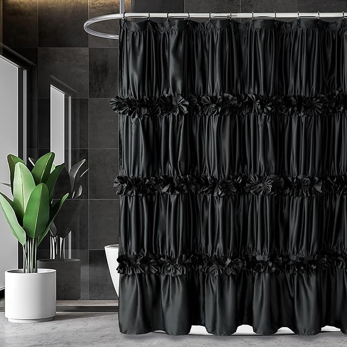Black Ruffle Shower Curtain, Vintage Handcrafted Bow Tie Bath Curtain for Master Bathroom, Ruched Satin Bathroom Curtain with 12 Buttonholes, 72" W x 84" H (LQ-10)
