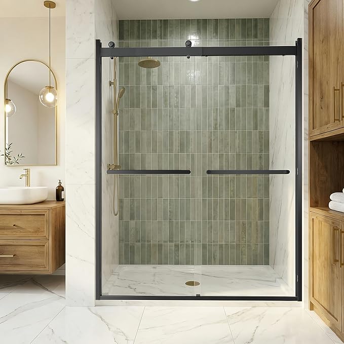 Sliding Shower Door, 44-48" W x 76" H Semi-Frameless Double Sliding Glass Shower Door with 5/16'' (8mm) Clear ASNI SGCC Tempered Glass, Bypass Shower Enclosure, Matte Black
