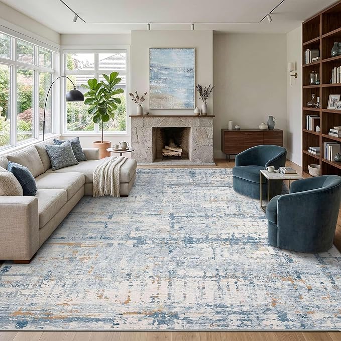 10x14 Extra Large Washable Area Rug, Soft Abstract Vintage Rug for Living Room, Bedroom, Office, Farmhouse, Low Pile Imitation Wool Non Slip Carpet Ideal for High-Traffic Areas, Blue Beige