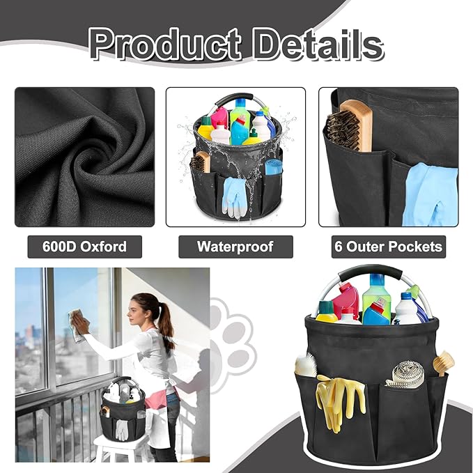 Qivine Cleaning Caddy for Cleaning Supplies, 17L Cleaning Supply Caddy with Handle Foldable Cleaning Supplies Organizer Bucket Tool Bag Organizer Cleaning Products Organizers for Home, Garden (Black)