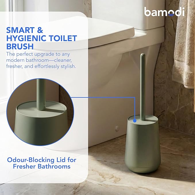 Bamodi Toilet Brush and Holder Set - Dense PP Brush Head with Holder - Efficient Stain and Odour Removal - Modern Design and Space-Saving - Keeps Toilet Bowl Spotless - 15x4x4 inches, Green