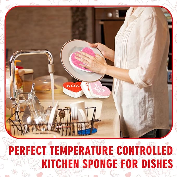 Whaline 8Pcs Valentine’s Day Kitchen Sponges Water Absorbing Dish Washing Sponge Red Pink Conversation Heart Non Scratch Cleaning Scrub Sponges for Holiday Home Kitchen Bathroom
