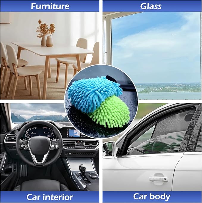 4Pcs Car Wash Mitt Microfiber Gloves Chenille Material Microfiber Towels for Car Washing Supplies Kit Scratch Free Cleaning Fluorescent Green + Royal Blue